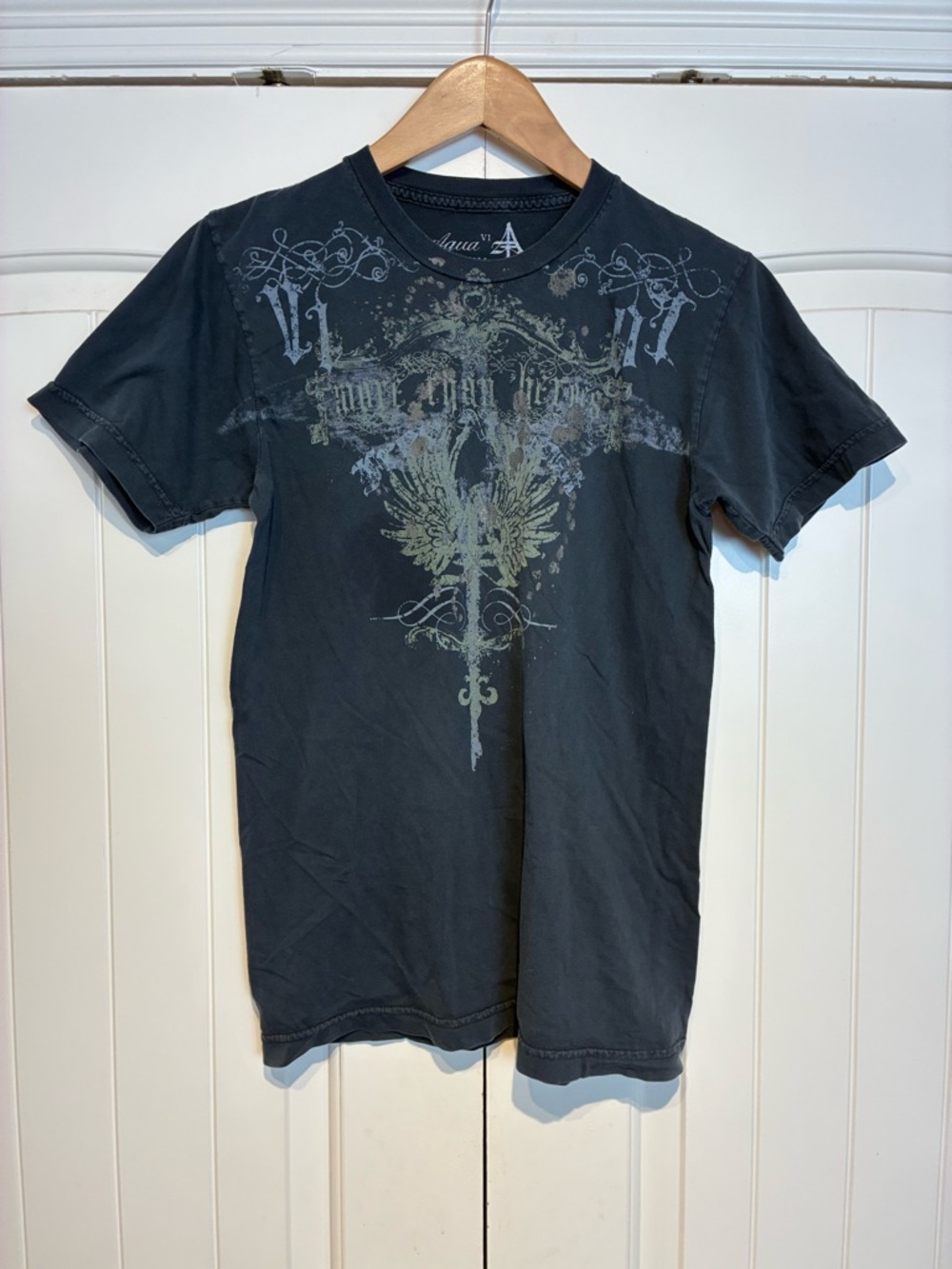 Aqua Black Graphic Crew Neck Tee with Pale Green Print Size S